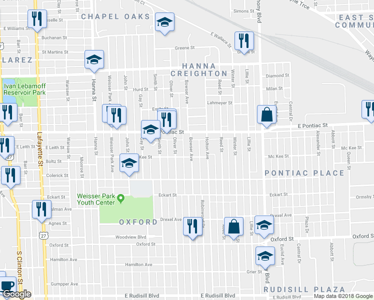 map of restaurants, bars, coffee shops, grocery stores, and more near 2812 Bowser Avenue in Fort Wayne