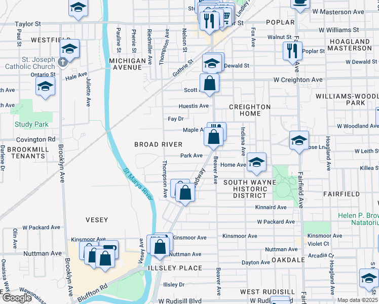 map of restaurants, bars, coffee shops, grocery stores, and more near 1230 Park Avenue in Fort Wayne