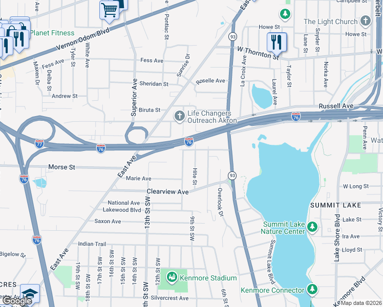map of restaurants, bars, coffee shops, grocery stores, and more near 694 Lakemont Ave in Akron