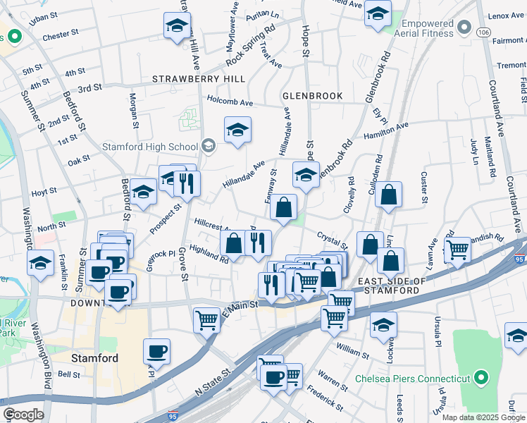 map of restaurants, bars, coffee shops, grocery stores, and more near 13 Fenway Street in Stamford