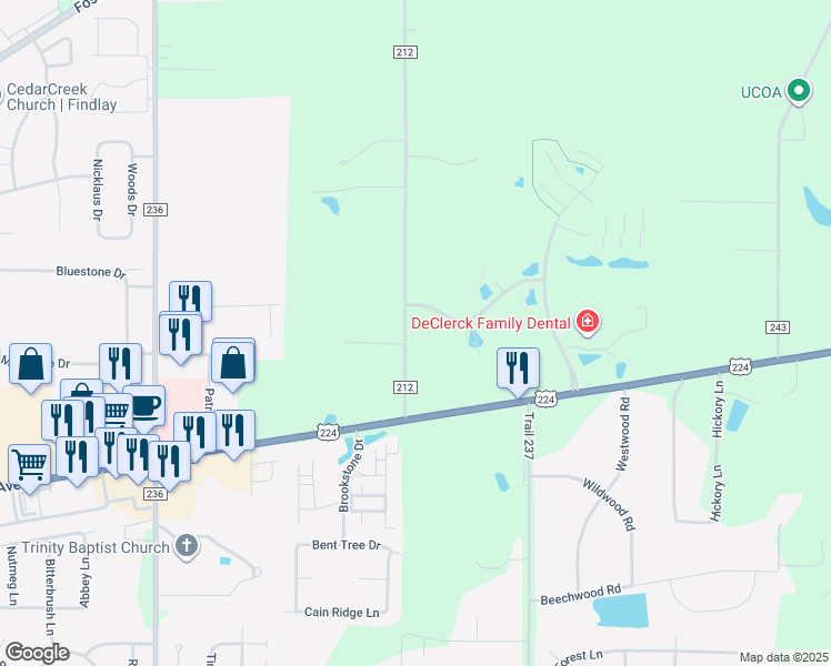 map of restaurants, bars, coffee shops, grocery stores, and more near 7385 Township Road 212 in Findlay