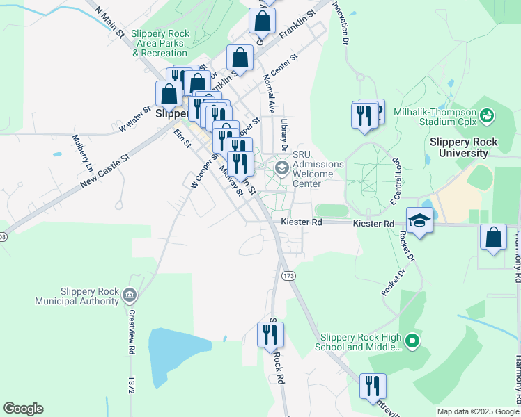 map of restaurants, bars, coffee shops, grocery stores, and more near 522 South Main Street in Slippery Rock