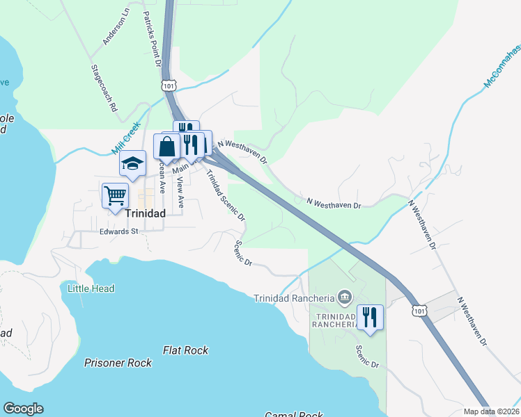 map of restaurants, bars, coffee shops, grocery stores, and more near 183 Lanford Road in Trinidad