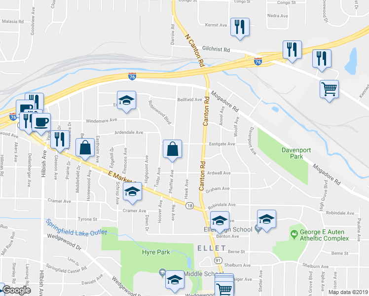 map of restaurants, bars, coffee shops, grocery stores, and more near 152 Hawk Avenue in Akron