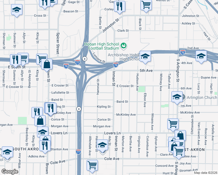 map of restaurants, bars, coffee shops, grocery stores, and more near 784 East Crosier Street in Akron