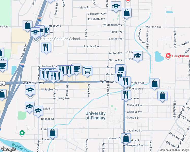 map of restaurants, bars, coffee shops, grocery stores, and more near 247 Madison Avenue in Findlay