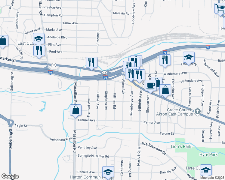 map of restaurants, bars, coffee shops, grocery stores, and more near 66 Hillman Rd in Akron