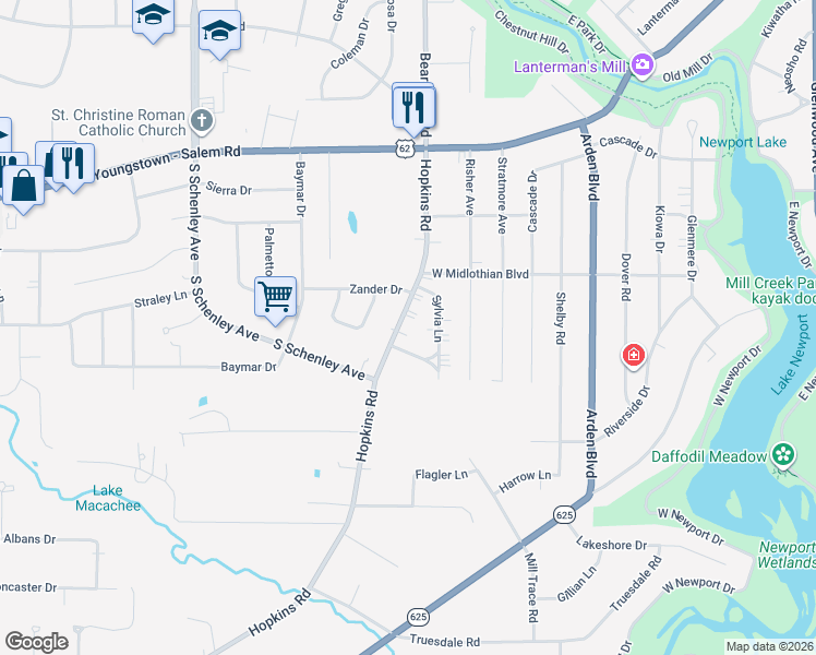 map of restaurants, bars, coffee shops, grocery stores, and more near 4005 Hopkins Road in Youngstown