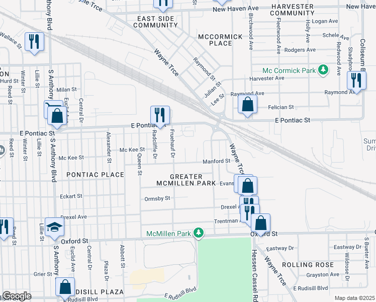 map of restaurants, bars, coffee shops, grocery stores, and more near 2823 Knode Court in Fort Wayne