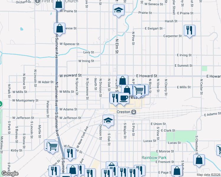 map of restaurants, bars, coffee shops, grocery stores, and more near 213 North Oak Street in Creston