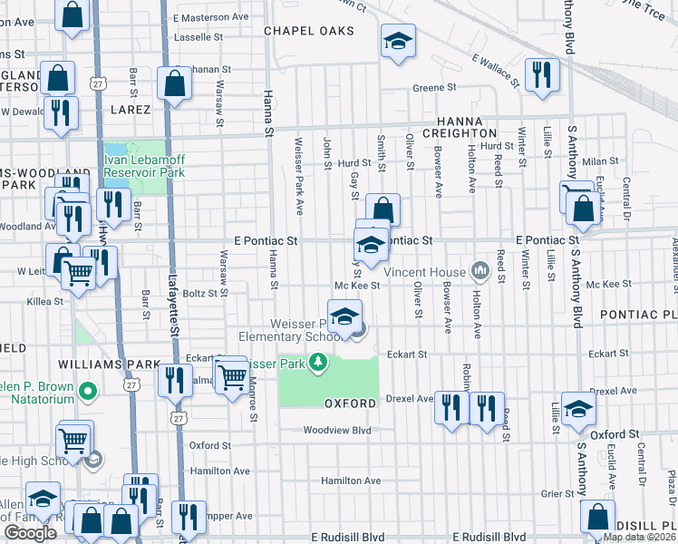 map of restaurants, bars, coffee shops, grocery stores, and more near 2809 John Street in Fort Wayne