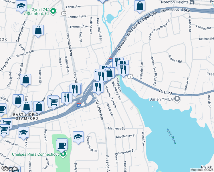 map of restaurants, bars, coffee shops, grocery stores, and more near 16 Houston Terrace in Stamford
