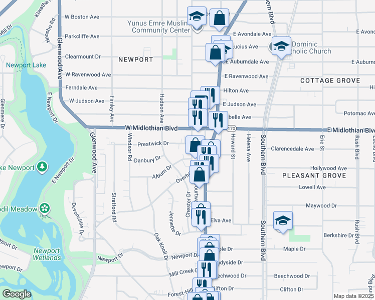 map of restaurants, bars, coffee shops, grocery stores, and more near 4010 Hillman Way in Youngstown