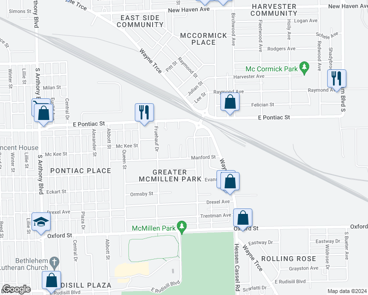 map of restaurants, bars, coffee shops, grocery stores, and more near 2823 Larwill Court in Fort Wayne