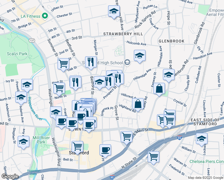 map of restaurants, bars, coffee shops, grocery stores, and more near 123 Prospect Street in Stamford