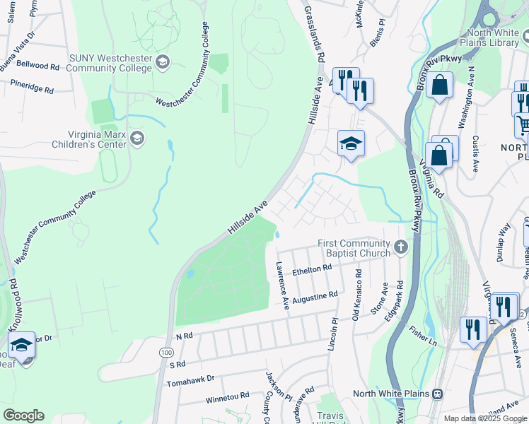 map of restaurants, bars, coffee shops, grocery stores, and more near 15 Victory Court in White Plains