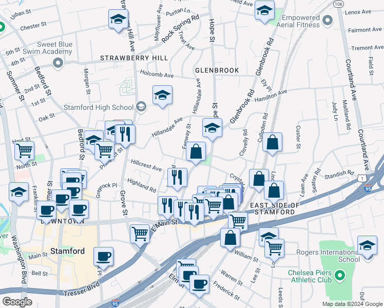 map of restaurants, bars, coffee shops, grocery stores, and more near 13 Fenway Street in Stamford