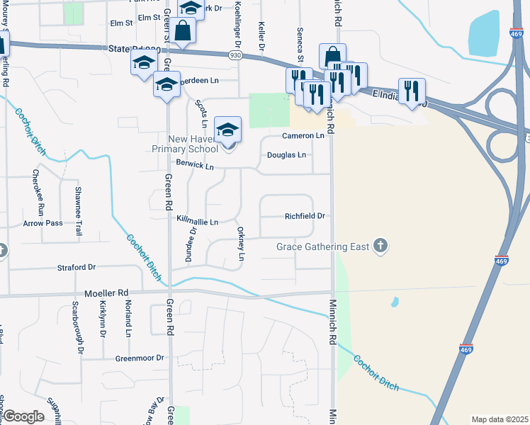 map of restaurants, bars, coffee shops, grocery stores, and more near 1705 Richfield Drive in New Haven