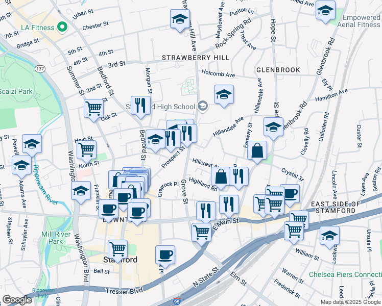 map of restaurants, bars, coffee shops, grocery stores, and more near 167 Grove Street in Stamford