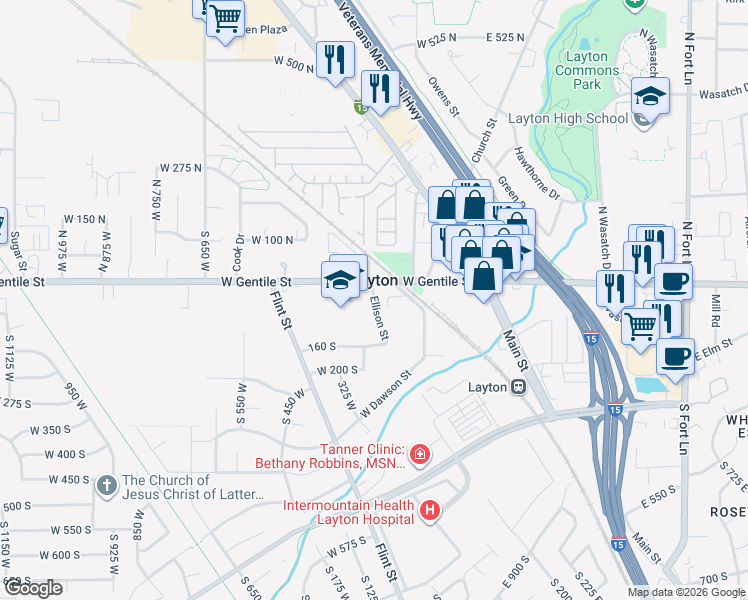 map of restaurants, bars, coffee shops, grocery stores, and more near 72 Ellison Street in Layton
