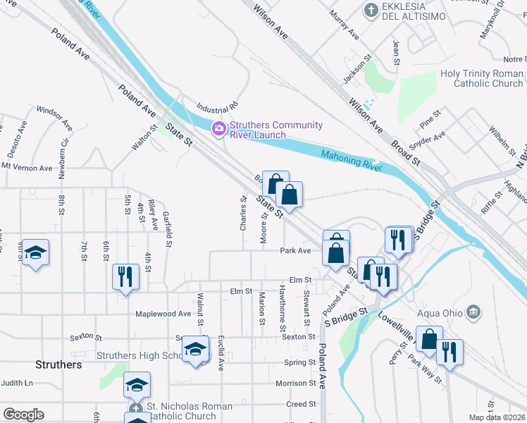 map of restaurants, bars, coffee shops, grocery stores, and more near 236 State Street in Struthers