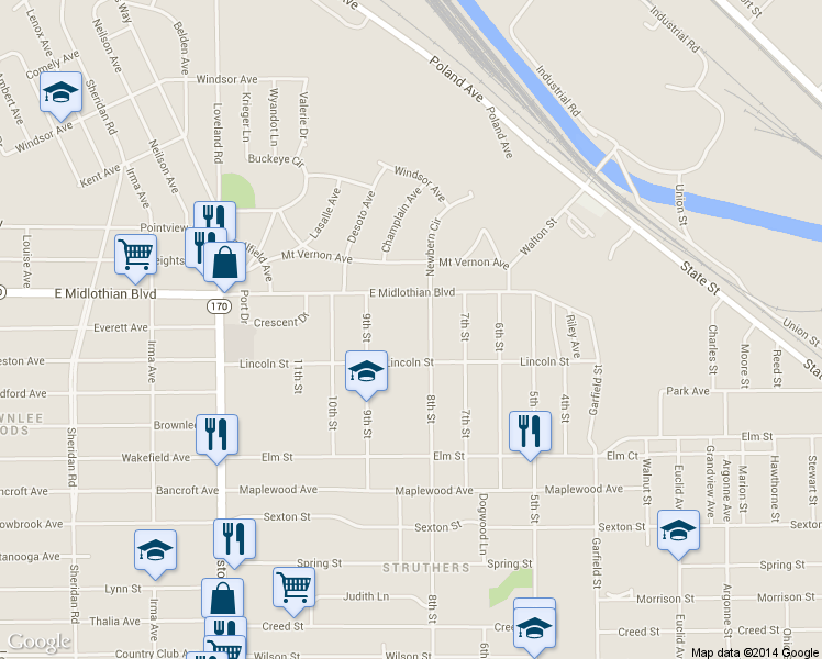 map of restaurants, bars, coffee shops, grocery stores, and more near 439 8th St in Struthers