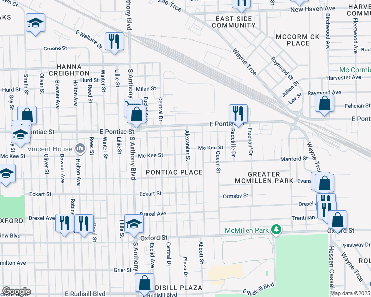 map of restaurants, bars, coffee shops, grocery stores, and more near 2814 Alexander Street in Fort Wayne