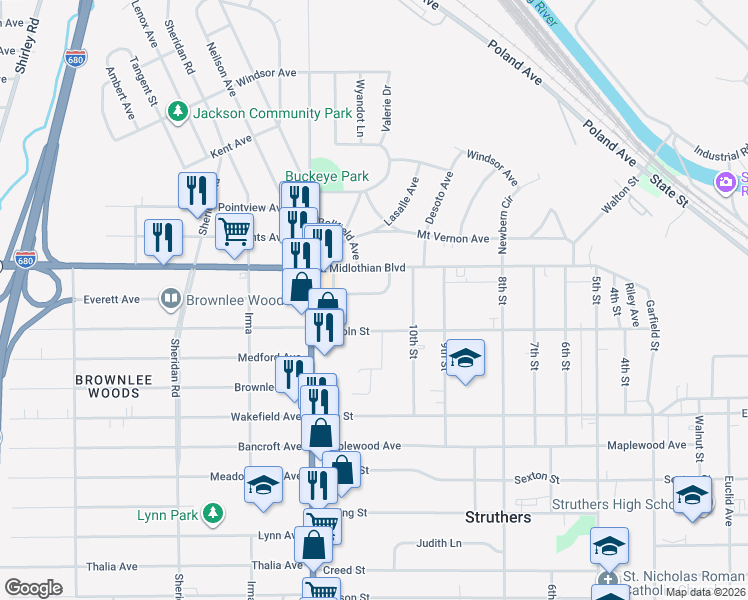 map of restaurants, bars, coffee shops, grocery stores, and more near 44 Crescent Drive in Struthers