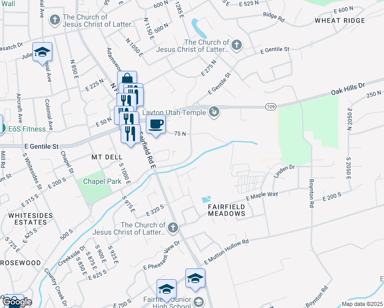 map of restaurants, bars, coffee shops, grocery stores, and more near 1346 North Rosewood Lane in Layton