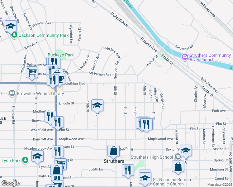 map of restaurants, bars, coffee shops, grocery stores, and more near 434 8th Street in Struthers