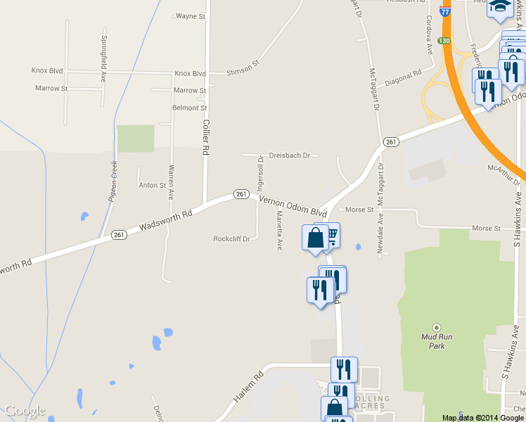 map of restaurants, bars, coffee shops, grocery stores, and more near 1830 Vernon Odom Boulevard in Akron