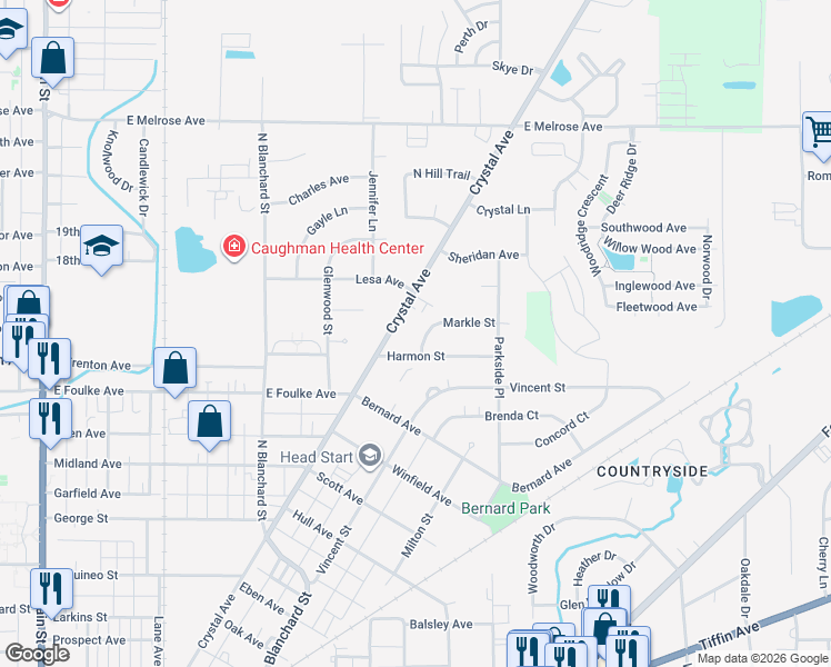 map of restaurants, bars, coffee shops, grocery stores, and more near 1512 State Street in Findlay