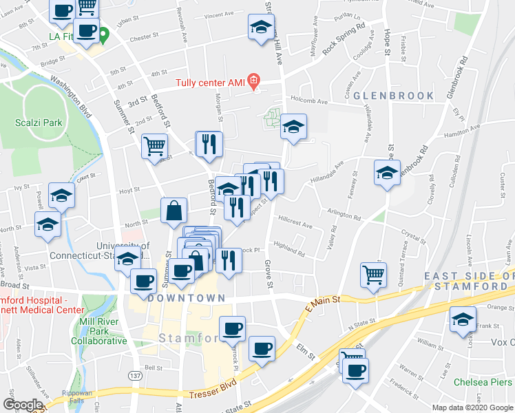 map of restaurants, bars, coffee shops, grocery stores, and more near 123 Prospect Street in Stamford