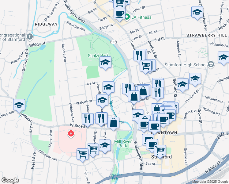 map of restaurants, bars, coffee shops, grocery stores, and more near 2 North Street in Stamford