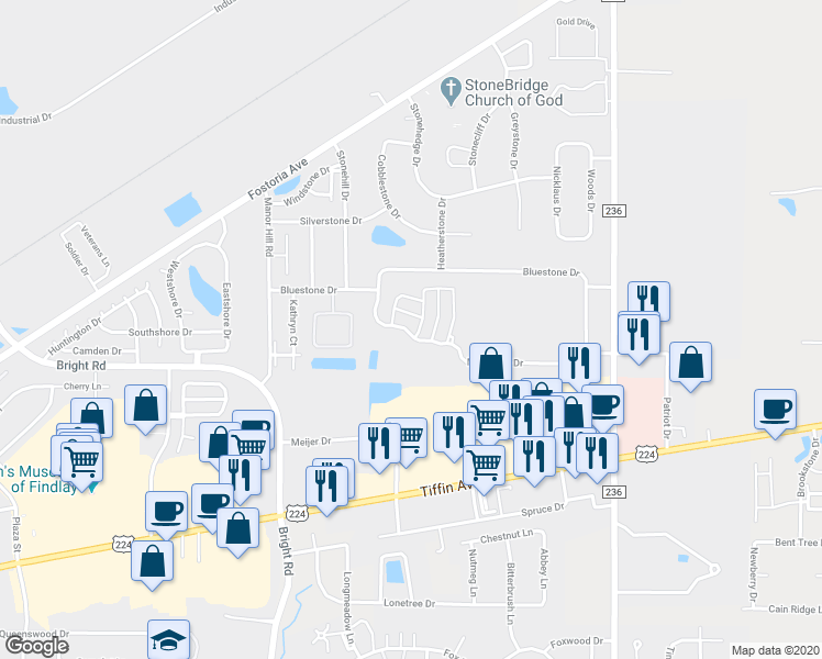 map of restaurants, bars, coffee shops, grocery stores, and more near 2120 Milestone Drive in Findlay