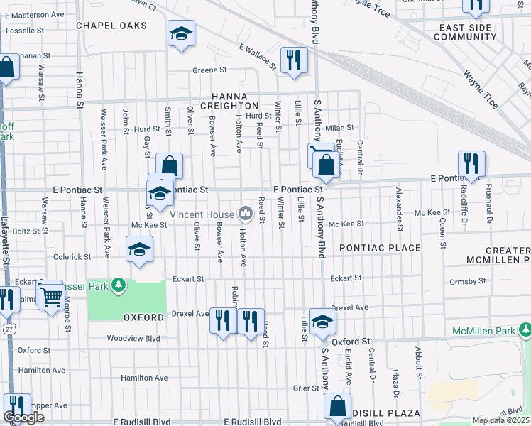 map of restaurants, bars, coffee shops, grocery stores, and more near 2820 Reed Street in Fort Wayne