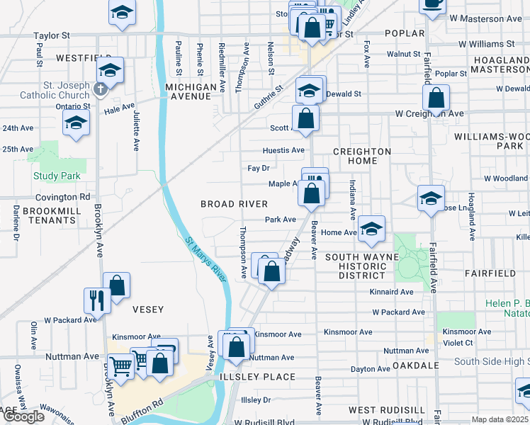 map of restaurants, bars, coffee shops, grocery stores, and more near 1308 Park Avenue in Fort Wayne