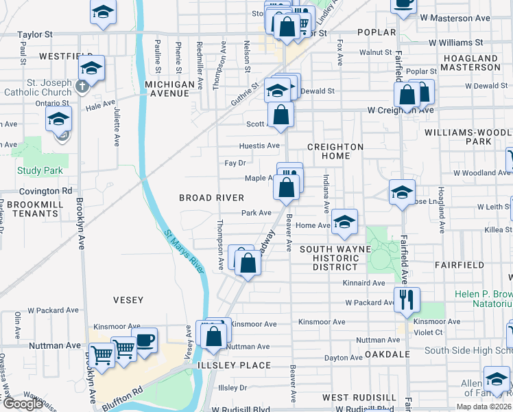 map of restaurants, bars, coffee shops, grocery stores, and more near 1224 Park Avenue in Fort Wayne
