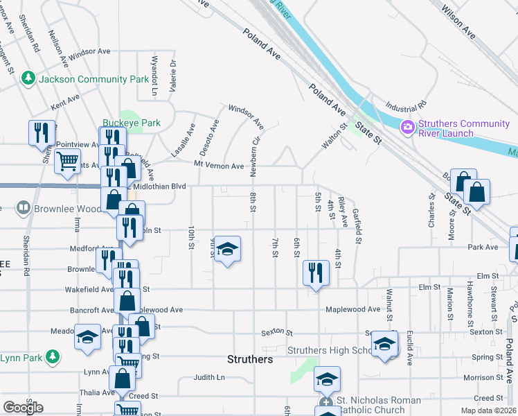map of restaurants, bars, coffee shops, grocery stores, and more near 434 8th Street in Struthers