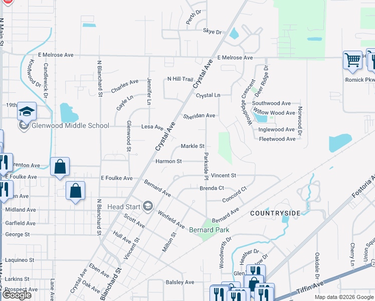 map of restaurants, bars, coffee shops, grocery stores, and more near 921 Markle Street in Findlay