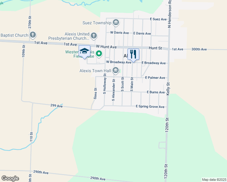 map of restaurants, bars, coffee shops, grocery stores, and more near 299 West Burns Avenue in Alexis