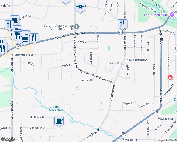 map of restaurants, bars, coffee shops, grocery stores, and more near 3949 South Schenley Avenue in Youngstown