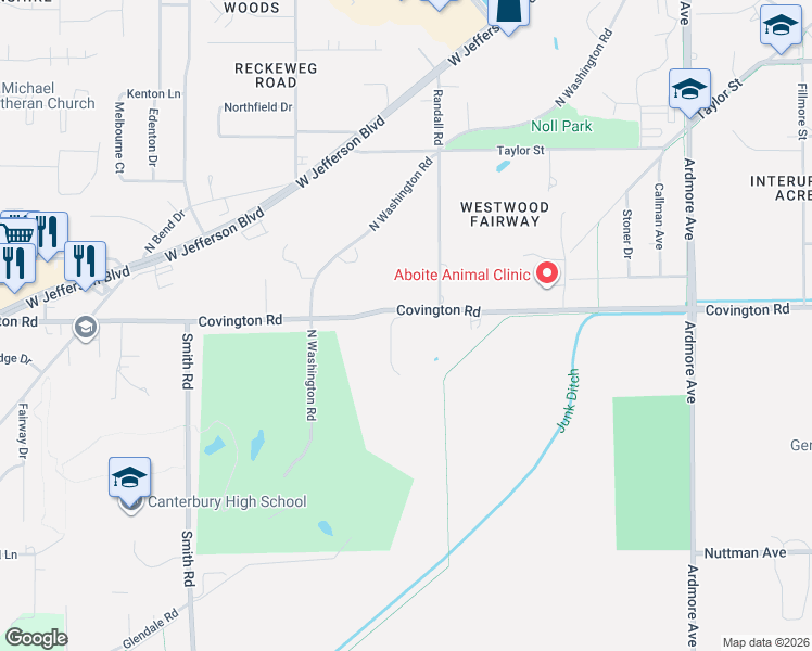 map of restaurants, bars, coffee shops, grocery stores, and more near 4701 Covington Road in Fort Wayne