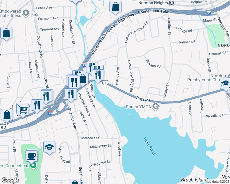 map of restaurants, bars, coffee shops, grocery stores, and more near 2646 Post Road in Darien
