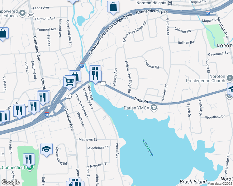map of restaurants, bars, coffee shops, grocery stores, and more near 2646 Post Road in Darien
