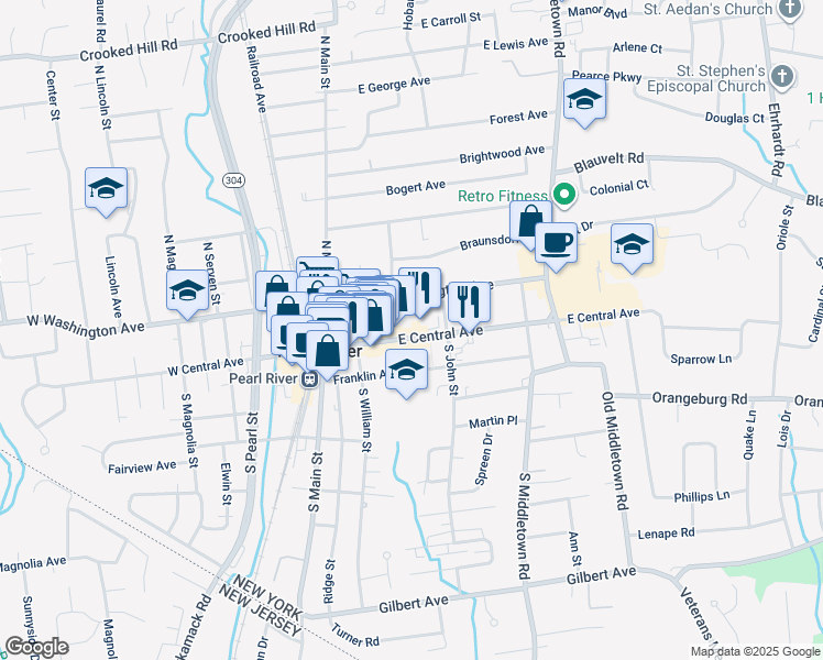 map of restaurants, bars, coffee shops, grocery stores, and more near 105 E Central Ave in Pearl River
