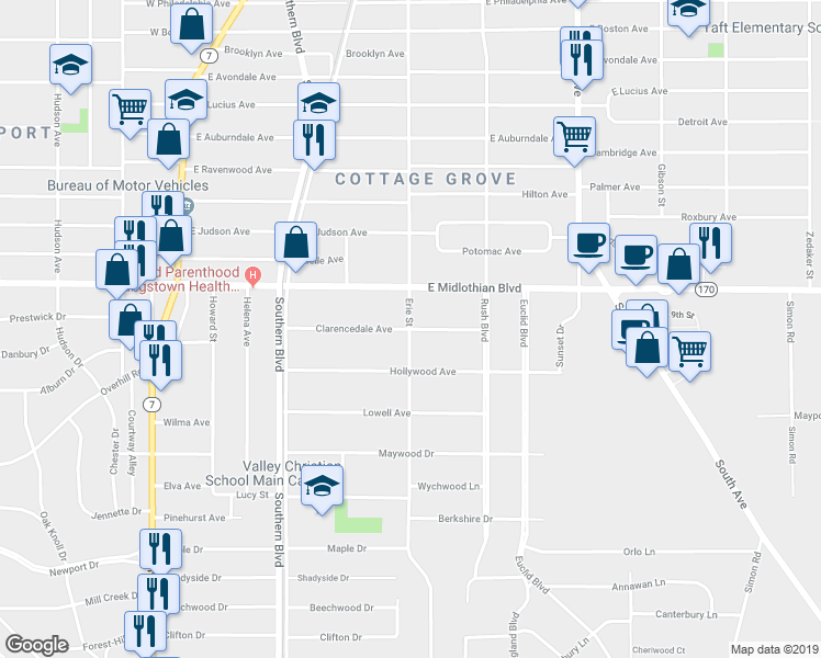 map of restaurants, bars, coffee shops, grocery stores, and more near 200 Clarencedale Avenue in Youngstown