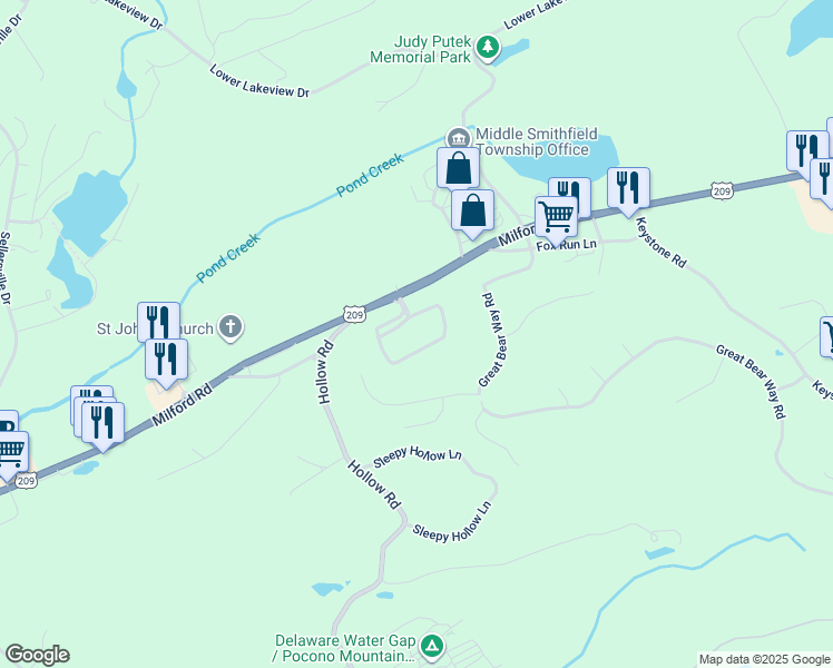 map of restaurants, bars, coffee shops, grocery stores, and more near 5180 Milford Road in East Stroudsburg