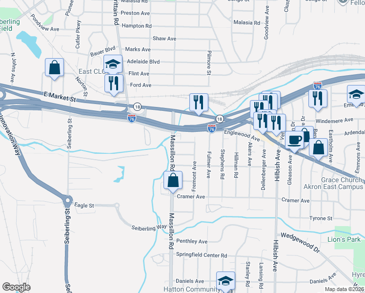 map of restaurants, bars, coffee shops, grocery stores, and more near 1838 Fenton Street in Akron