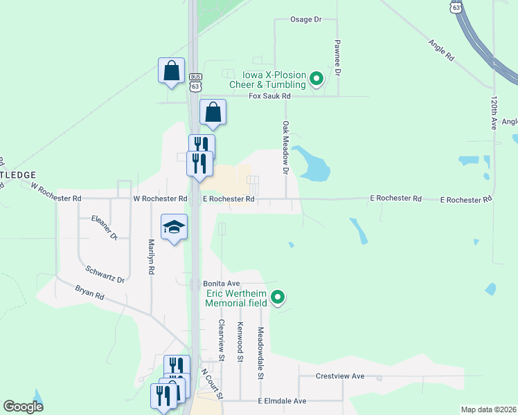 map of restaurants, bars, coffee shops, grocery stores, and more near 134-198 East Rochester Road in Ottumwa
